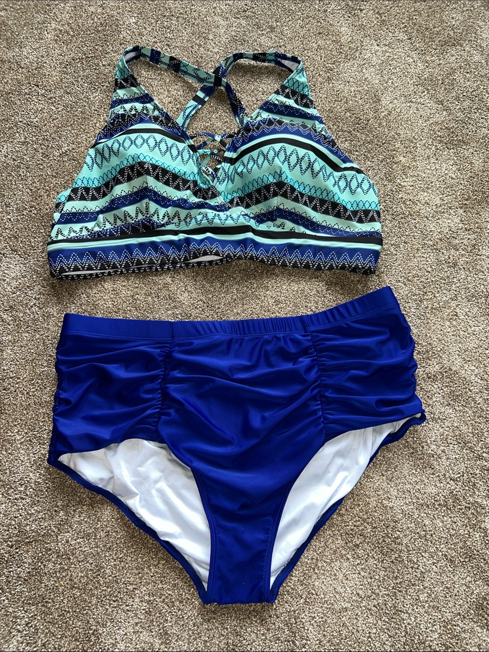 Ruched High-Waist Two-Piece Bikini in Teal Pattern & Royal Blue